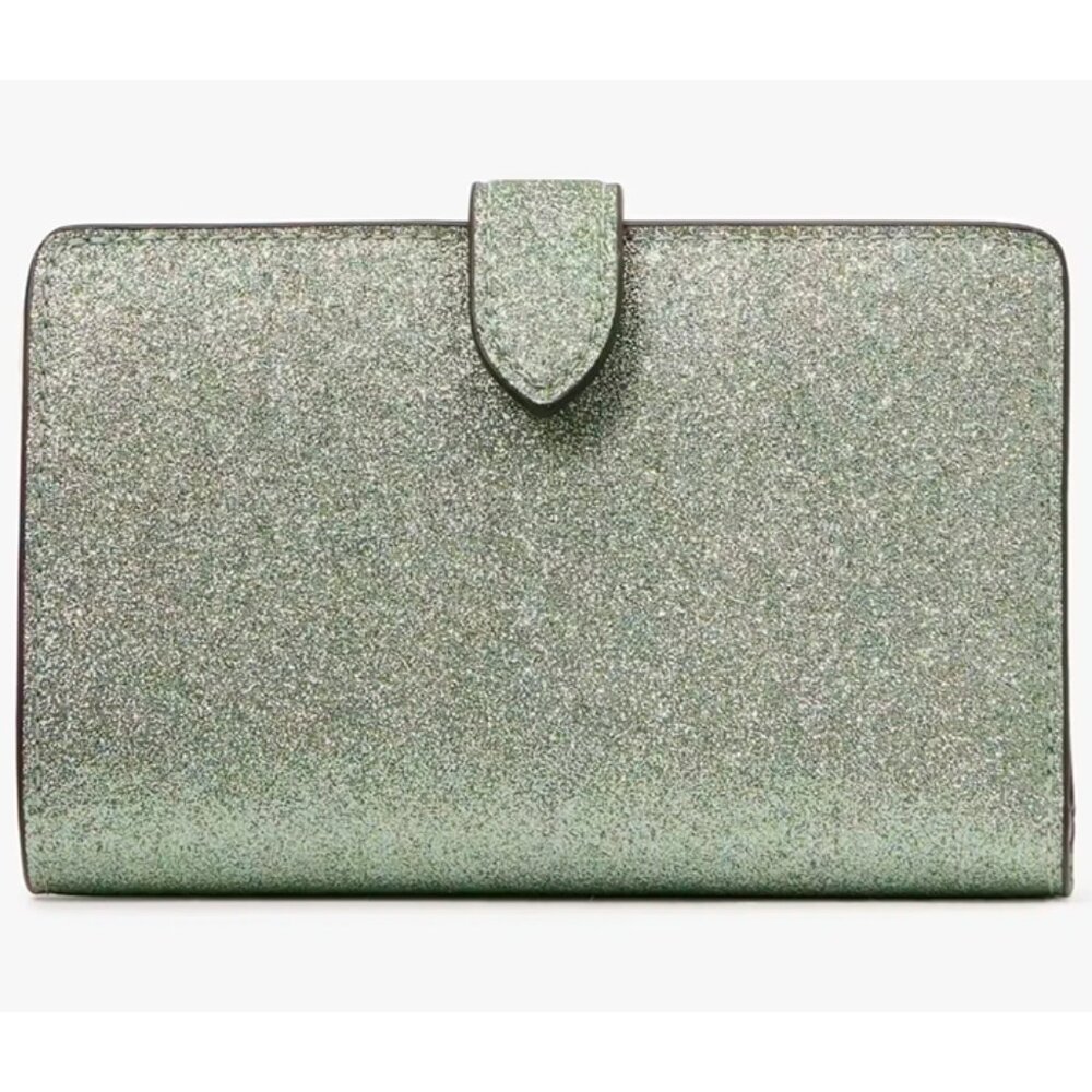 S NIB Kate Spade Kenzie Boxed Medium Compact Bifold Green Glitter Wallet KK321 - Picture 5 of 9